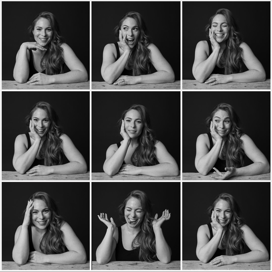 Un collage de portraits photo en noir et blanc d'une femme aux cheveux longs dans diverses poses et expressions faciales. Assise à  une table sur un fond sombre, elle affiche des réactions comme un sourire, un rire, des yeux écarquillés de surprise, une tête posée sur sa main et un air contemplatif. Parfait pour lancer des profils | Cette séance photo professionnelle est réalisée par Tribe Photography | Gaëlle Massart Photographe